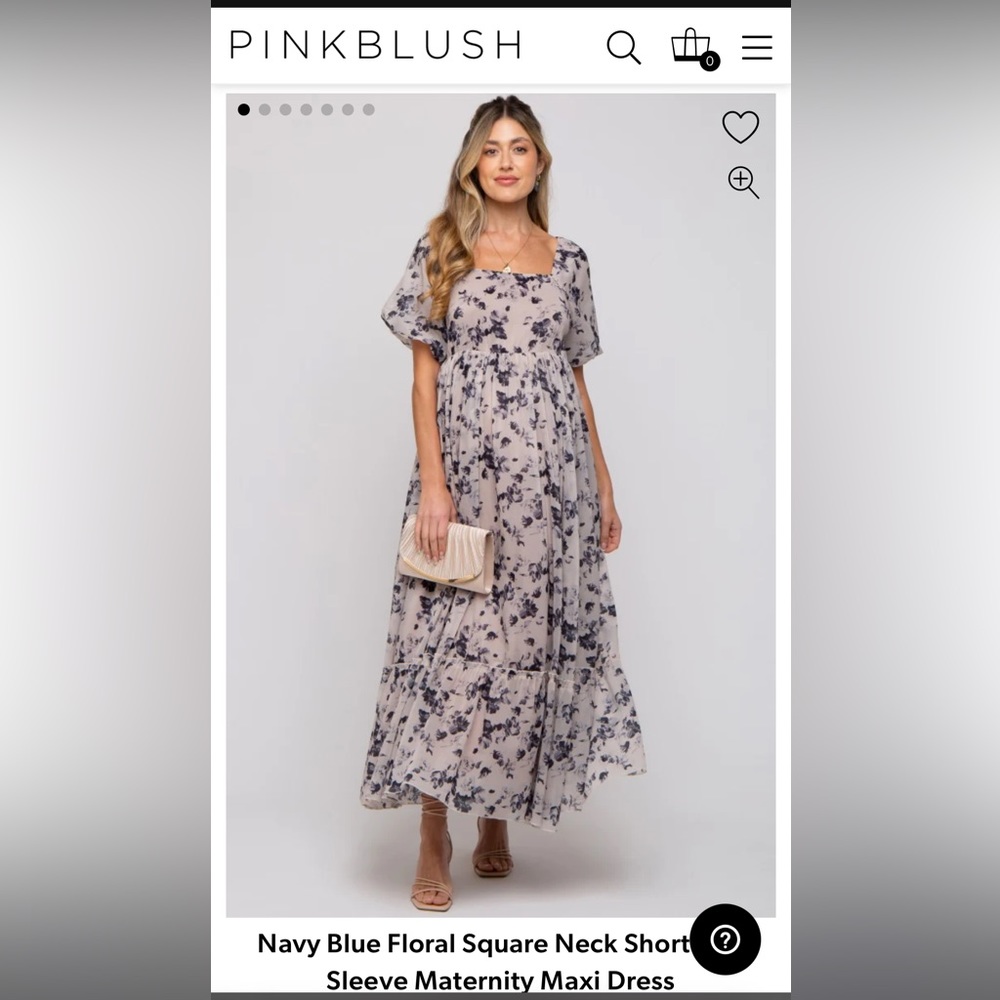 Navy Blue Floral Square Neck Short Puff Sleeve Maternity Maxi Dress